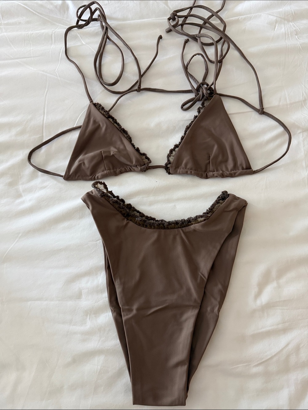 Mare Perpetua Brown Lace-Trim Triangle Bikini Set - Women